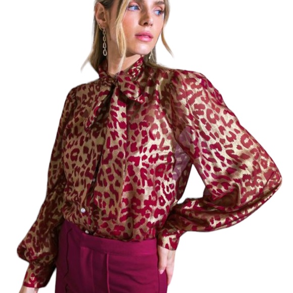 Tops - 194. Women’s Burgundy Gold Leopard Semi-Sheer Front Tie Blouse NWT